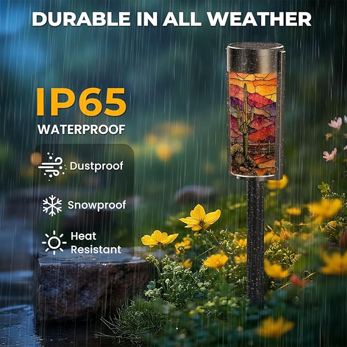 8 Pack Solar Pathway Lights Outdoor Waterproof Southwest Cactus Stained Glass Window Western Motifs Sunset Solar Garden Lights LED Landscape Lighting for Yard Walkway Lawn Garden Decor