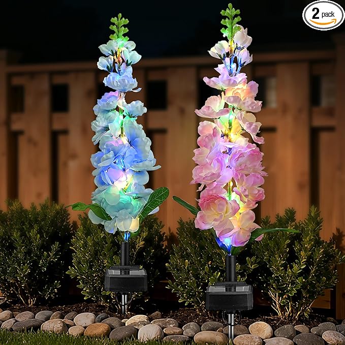 2 Pack Solar Garden Lights Outdoor, LED Colorful Waterproof Solar Powered Hyacinth Flowers Landscape Lights for Patio, Outside Yard, Pathway Decorative, Décor, Gifts, Two Lighting Modes