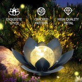 Huaxu Solar Lights Outdoor Garden Decor Crackle Glass Globe Lotus Flower Gray Metal Waterproof Light for Patio | Lumora