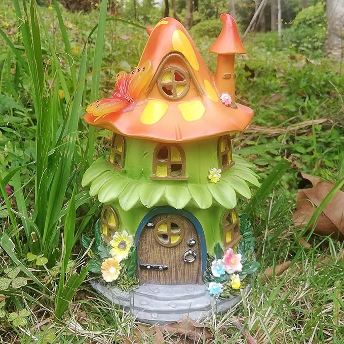 Solar Garden Figurine Lights, Large Resin Mushroom House Decorative Statue Waterproof Outside Ornament for Patio Yard Lawn Balcony (Orange)