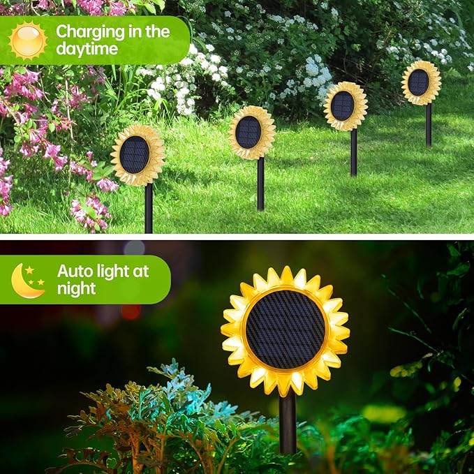 HUYIENO Solar Lights Outdoor Garden Decor Sunflower Waterproof Pathway Fence Lighting Ground/Wall Mounting 2 in 1 for Garden,Patio,Yard Decoration