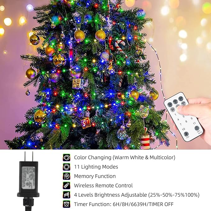 Tcamp Christmas Tree Lights, 306FT 1000 LED Color Changing Christmas Lights with Remote Memory Timer, 11 Modes Green Wire Plug in String Light for Outdoor Indoor Decor (Warm White+Colored)