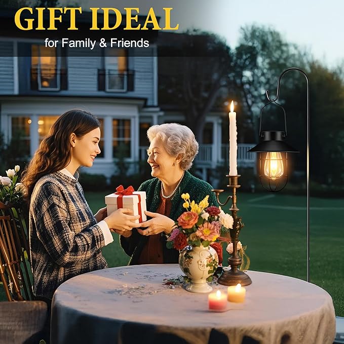 pearlstar 2 Pack Solar Lights Outdoor, Hanging Solar Lanterns with Edison Bulb and 2 x 32 Inch Shepherd Hooks | Lumora
