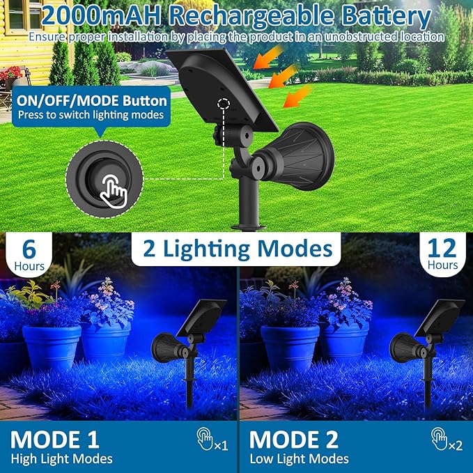 T-SUNUS Blue Solar Lights Outdoor Christmas, 2 Modes Garden Spotlights Waterproof IP65 Auto On/Off Security | Lumora