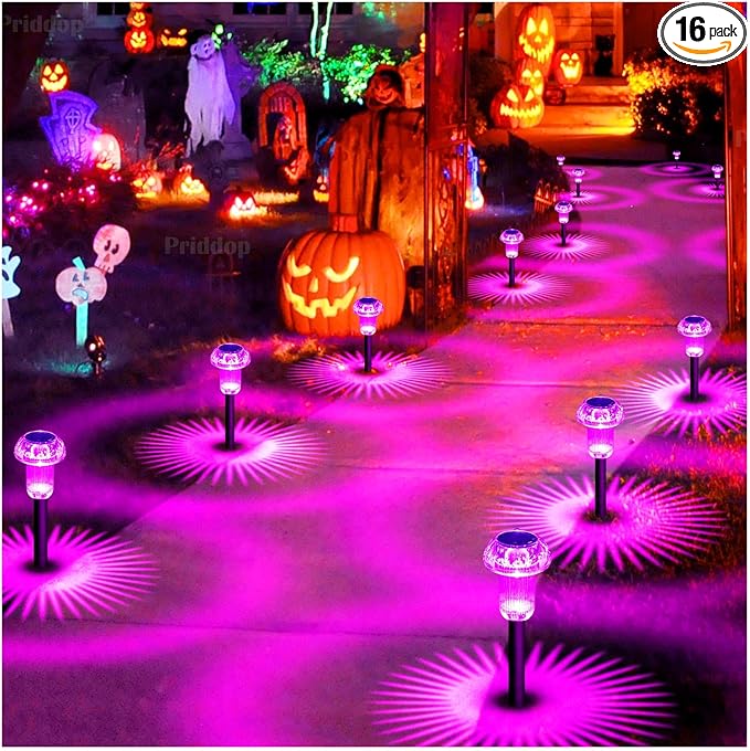 Halloween Solar Lights Outdoor 16 Pack Pink Purple LED Waterproof Mushroom Outside Lights for Yard Garden Patio | Lumora