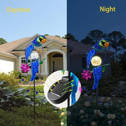 SmilingTown Solar Parrot Stake Lights Crackle Glass Globe Landscape Lamps Antique Metal Waterproof Decorative Light for Outdoor Pathway Lawn Patio Yard Warm White