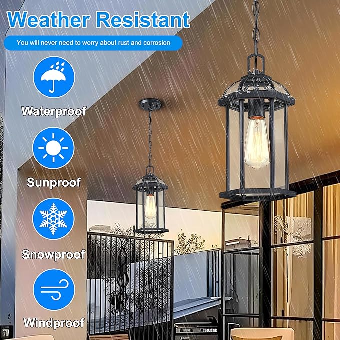 Outdoor Pendant Light,Modern Hanging Porch Light,Black Exterior Pendant Lighting Fixture, Outdoor Chandelier for | Lumora