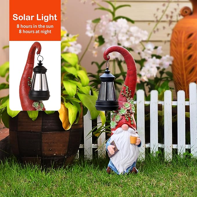 Garden Gnomes Outdoor Statue Solar Powered Gnome Decor Ornament Lantern Lit Court for Yard,Lawn,Patio, Balcony Birthday Gifts for Mom Grandma