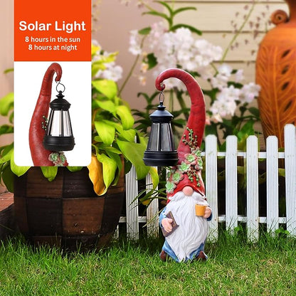 Garden Gnomes Outdoor Statue Solar Powered Gnome Decor Ornament Lantern Lit Court for Yard,Lawn,Patio, Balcony Birthday Gifts for Mom Grandma