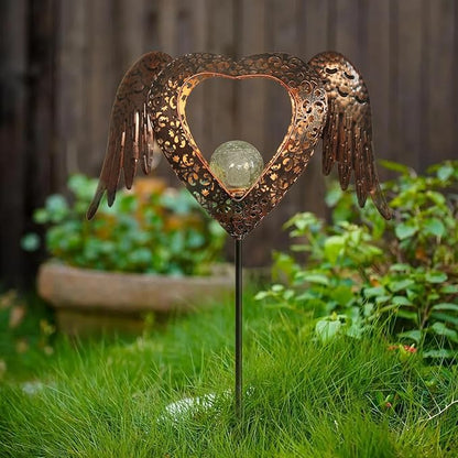 Solar Garden Lights Waterproof Metal Solar Warm White LED Stake Light Memorial Gift Metal Stakes Lights Crackle Glass Light for Lawn, Pathway, Patio Decor (Heart-Wing)