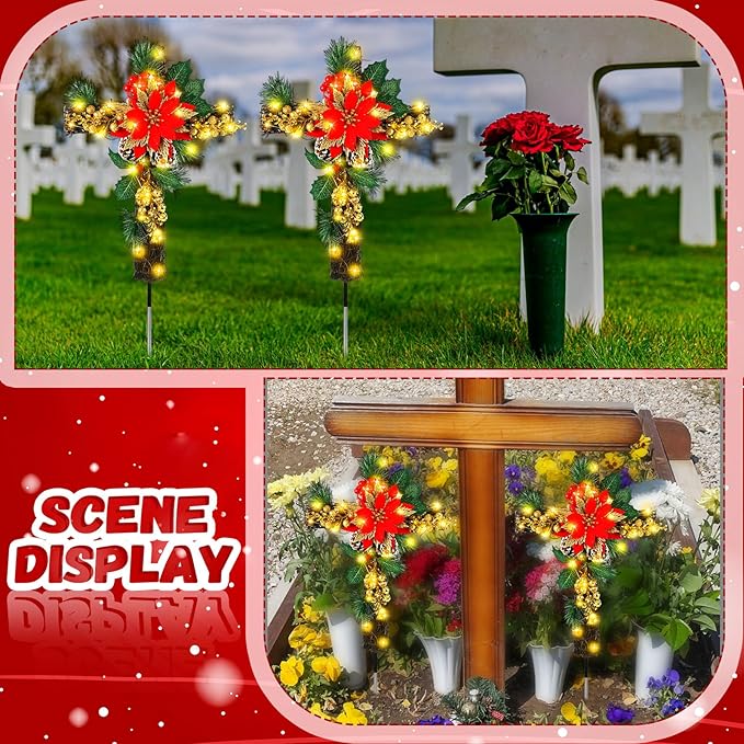 Ganeen 2 Pcs Solar Stake Christmas Outdoor Decorations Christmas Yard Stake Decor LED Lights Cemetery Grave Cross | Lumora