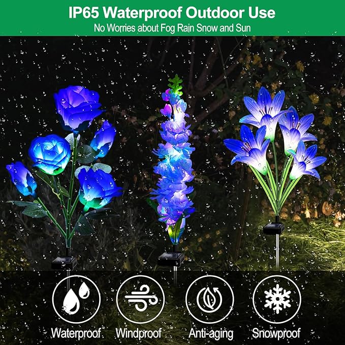 Solar Garden Lights Waterproof, 3 Pack Solar Flowers Lights Includes Lily Rose Delphinium, Gardening Gifts for Mom Grandma Women, 7-Color Changing Outdoor Decor for Garden Yard Patio Lawn