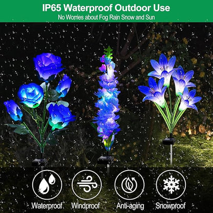 Solar Garden Lights Waterproof, 3 Pack Solar Flowers Lights Includes Lily Rose Delphinium, Gardening Gifts for Mom Grandma Women, 7-Color Changing Outdoor Decor for Garden Yard Patio Lawn