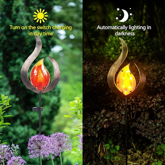 Asense Outdoor Metal Sculpture Art Decor Garden Solar Lights Pathway Stake, Solar Powered LED Lights for Lawn Patio Courtyard, Flame Shape