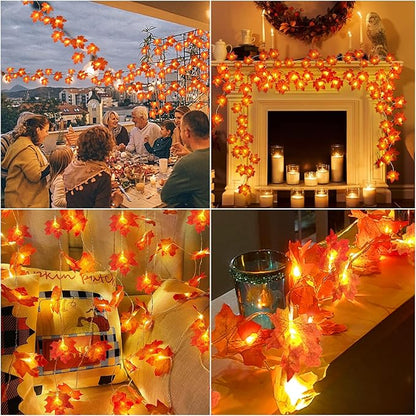 GBD Thanksgiving Decorations-5 Pack Total 50Ft 100LED Fall Garland with Lights Battery Operated Enlarged Maple Leaves Garlands for Fall Decorations for Home Christmas Halloween Indoor Outdoor Decor