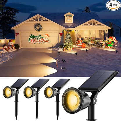 4 Pack Solar Powered LED Spotlights Outdoor Waterproof Ultra Bright Sunset Spot Lights for Christmas Tree, Santa Claus, Reindeer Outside Landscape Uplights for Wall, House, Garden, Backyard Warm White