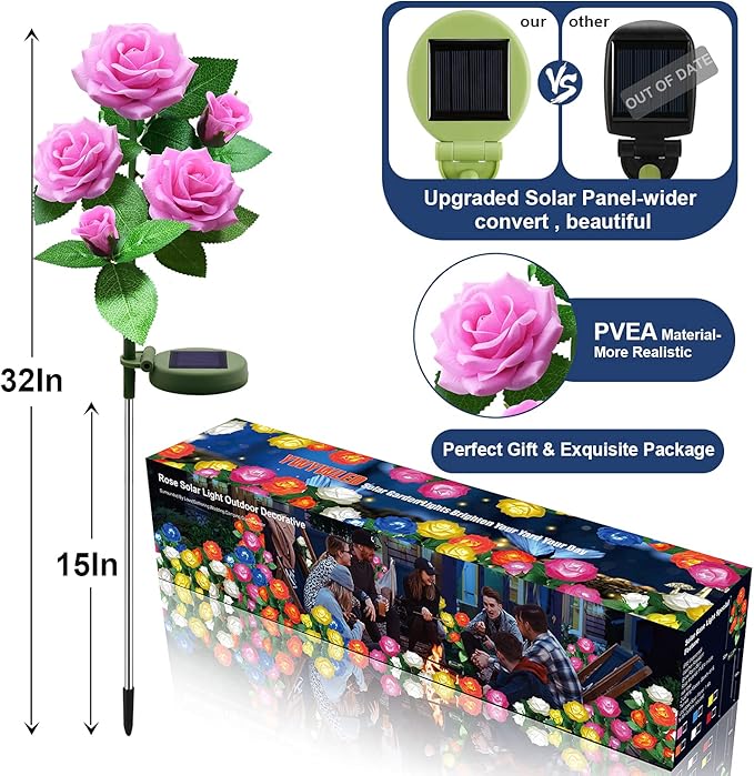 Solar Flower Lights Outdoor - Upgraded New Material Two Modes Realistic LED Solar Powered Waterproof Lights with 5 | Lumora