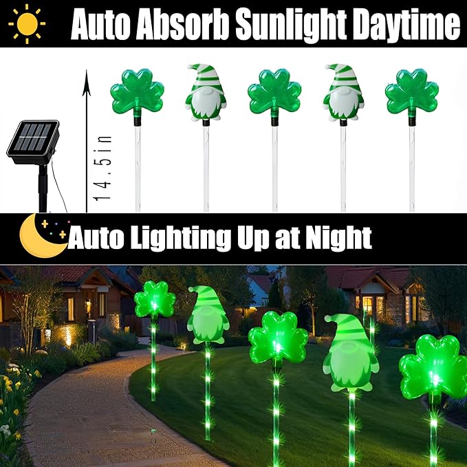 5 Pack St. Patrick's Day Solar Pathway Lights Outdoor - Green LED Shamrock Stake Lights, Waterproof Solar Powered Plug-in Gnome Lawn & Garden Decor for Yard, Walkway, Irish Party Decorations