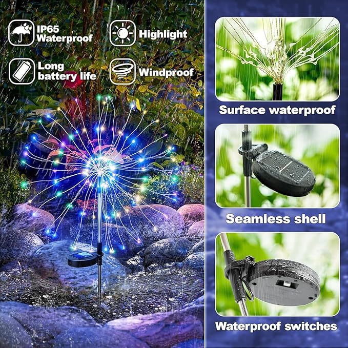 Anordsem Solar Lights Outdoor Waterproof: 4 Pack Garden Light - Bendable Copper Wire with 120 LED Firework Beads - DIY Colorful Fun Decoration for Yard Patio - Twinkle Sparkler Gifts for Women Wife