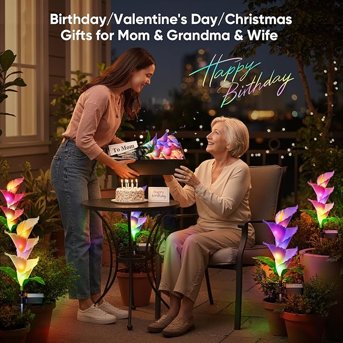 Solar Flowers Lights Outdoor: 4 Pack Color Changing Calla Lily Garden Lights for Yard Pathway Decorations - Waterproof PU LED Solar Powered - Perfect Brithday Gifts for Women Mom Grandma