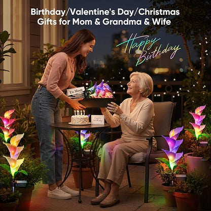 Solar Flowers Lights Outdoor: 4 Pack Color Changing Calla Lily Garden Lights for Yard Pathway Decorations - Waterproof PU LED Solar Powered - Perfect Brithday Gifts for Women Mom Grandma