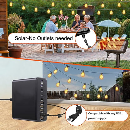 60FT Solar String Lights Outdoor Waterproof with Remote Control Solar Patio Lights 15+2 shatterproof LED Bulbs for Porch Garden Market Bistro Patio Backyard Fence