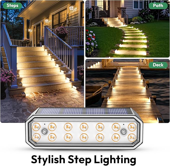 Solar Step Lights for Outside, 12 Pack Stair Lights Outdoor Waterproof IP65, 14 LED Warm White, Auto On/Off, Long-Lasting Solar Stair Lights for Patio, Porch, Walkway,Front Door Decor