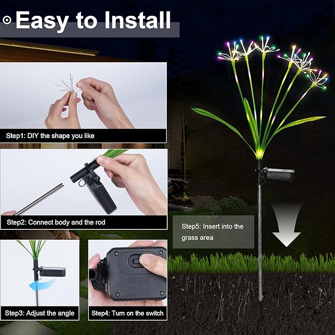 Solar Garden Lights Outdoor: Waterproof 2-Pack DIY Decorative Firework Lights with 2 Modes for Yard Patio Pathway | Lumora