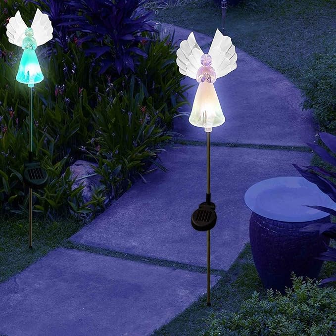 Outdoor Garden Set of 2 Pieces Solar Powered Garden Yard Stake (Color Change abilities) LED Light (Fiber Wings Angel)…
