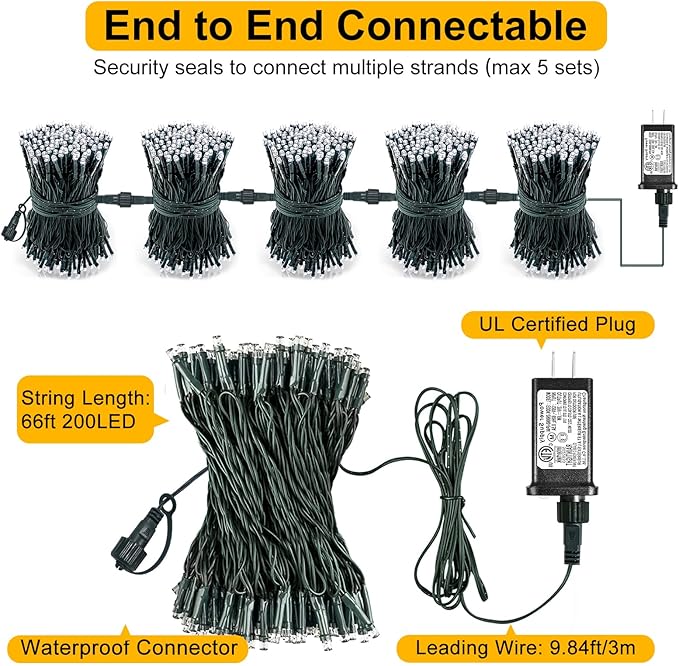 Christmas Lights Outdoor, 66FT 200 LED White Christmas Tree Lights with 8 Modes Waterproof, Plug in Green Wire Connectable String Light for Indoor House Patio Wedding Party Decorations