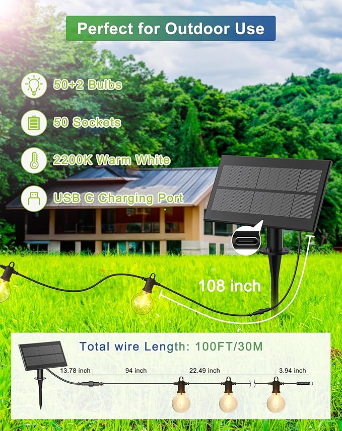Solar String Lights Outdoor Waterproof 100FT with USB Port and 52 Shatterproof G40 Bulbs(2 Spare), LED Solar | Lumora