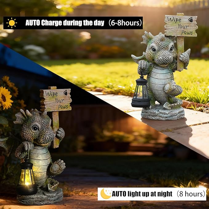 Solar Dragon Garden Statue with Lantern, Resin Outdoor Yard Decor Figurine, Waterproof Solar Powered Light for | Lumora