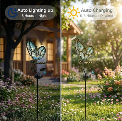 Decorative Outdoor Solar Butterfly Lights,Warm LED Handcrafted Blue Glass Stakes, 36 Inch Tall, Auto On-Off for Up to 8 Hours Glow, Waterproof Yard Patio Ornaments