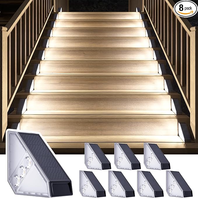 ROSHWEY Solar Step Lights for Outside Waterproof, 8 Pack Outdoor Deck Steps Lights, Triangle Solar Stair Light for | Lumora
