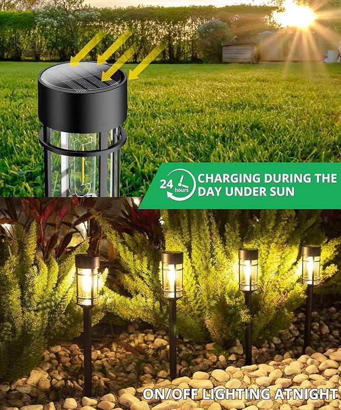 Solar Lights Outdoor，2 Pcs 3000K Waterproof Auto On/Off Solar Pathway Lights for Park, Courtyard, Lawn, Balcony, Terrace