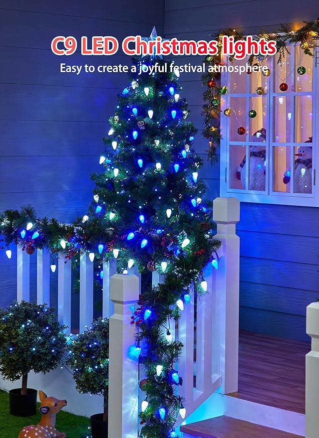 C9 Christmas Lights Outdoor Waterproof, 114 Feet 150 LED C9 String Light with Timer & 8 Light Modes, Connectable Christmas Tree Lights for House Outside Roofline Indoor Decoration, Blue & Pure White