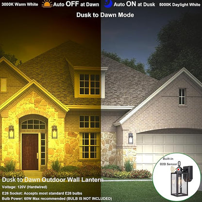 GRUENLICH Dusk to Dawn Outdoor Wall Lantern, PIR Motion Sensor Wall Sconce, E26 Base Max 60W, Metal Housing Plus Glass, Matte Black Finish, Bulb Not Included, 2-Pack