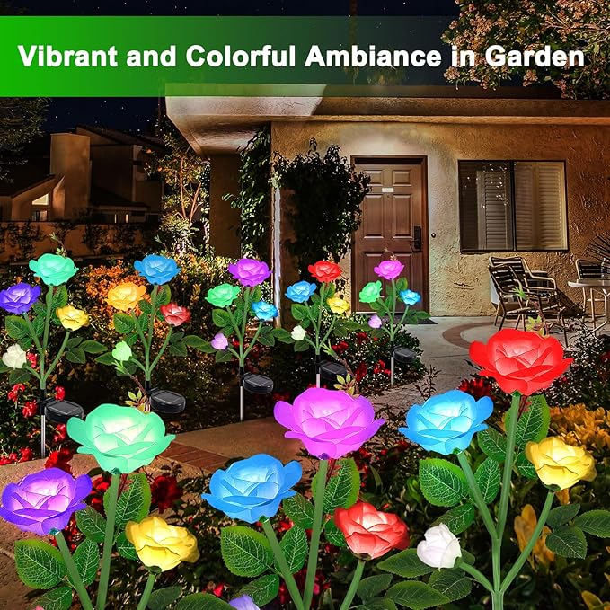 Solar Lights Outdoor for Garden Decor Waterproof - 2 Pack with 8 Rose Lights Decorative 7 Color Changing for Valentines Day Yard Patio Pathway Decoration