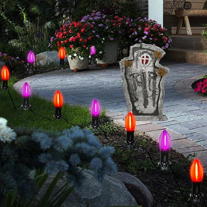 SUNSGNE Halloween Pathway Lights, 19.5Ft Halloween Stake Lights with 10 Count C9 LED Orange and Purple Bulbs for Lawn Yard Sidewalk Garden Decoration
