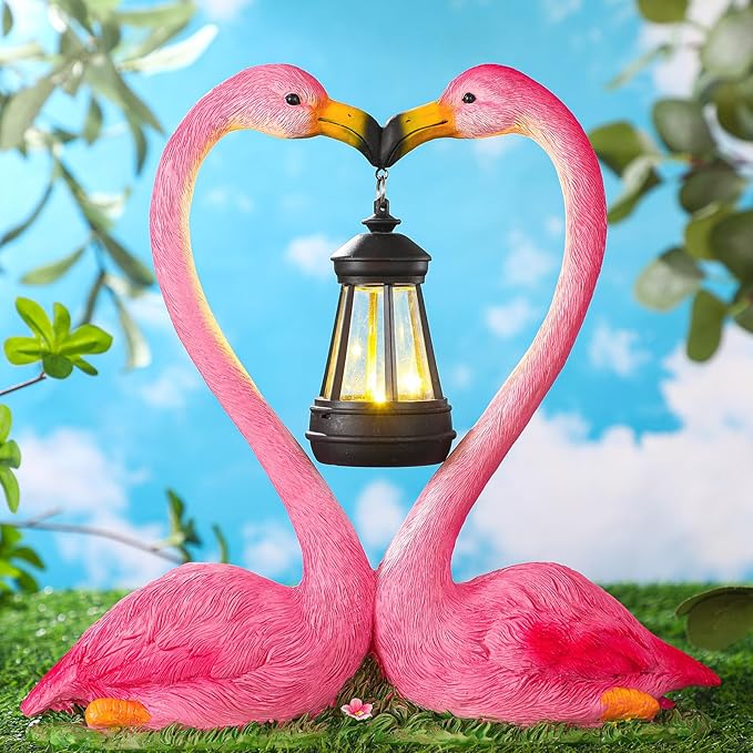 Outdoor Solar Lights Waterproof Garden Kissing Flamingo Heart Decoration with LED Decoration for Flamingo Themed Party Favors Lover Gifts Yard Patio Pathway Lawn Courtyard Centerpiece Decor