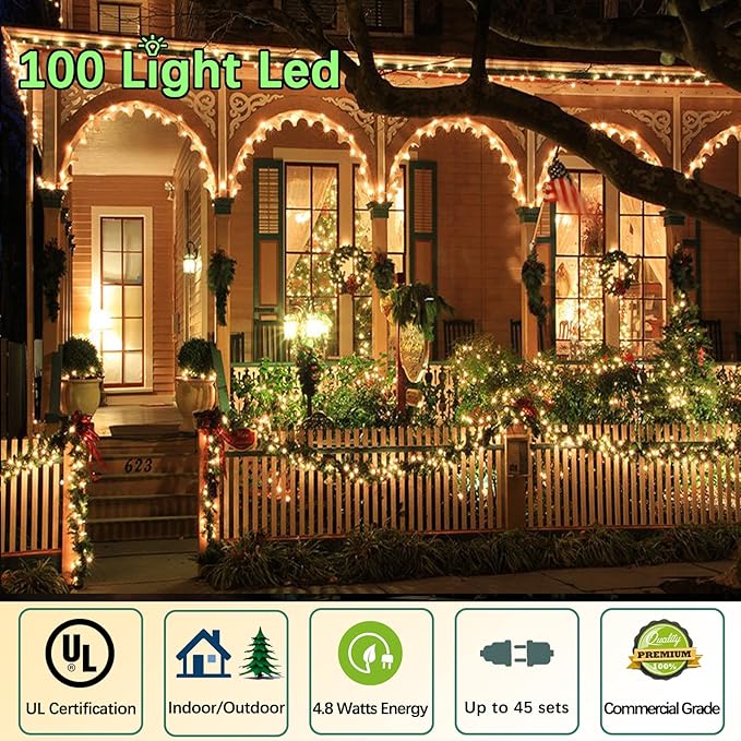 50ft 100 Counts Warm White Christmas Lights - White Christmas Lights Commercial Grade Outdoor Waterproof, Soft White Christmas Lights Indoor 5mm Wide Angle Green Wire, IP:65, UL