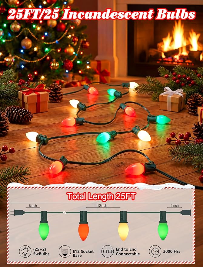 C7 Incandescent Christmas Lights Multicolor, 25FT C7 Red Green White Vintage Christmas - Outdoor String Light | Lumora