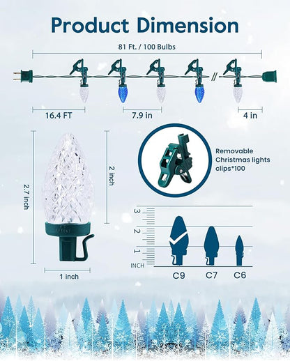 C9 LED Christmas Lights Outdoor with 100 Spring Clips, 65FT 100 LED C9 String Lights Waterproof Connectable for Outside Roofline Patio House Yard Windows Outdoor Christmas Decorations, Blue White