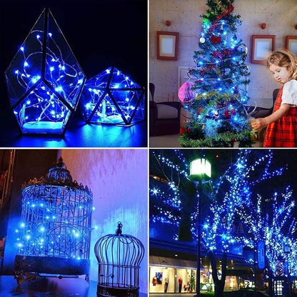 woohaha Solar String Lights, 2PACK 33ft 100 LED Blue Copper Wire Lights, Waterproof Fairy Decoration Starry String Lights - 8 Modes, Indoor/Outdoor for Gardens, Patios, Homes, Parties(Blue,2PCS)