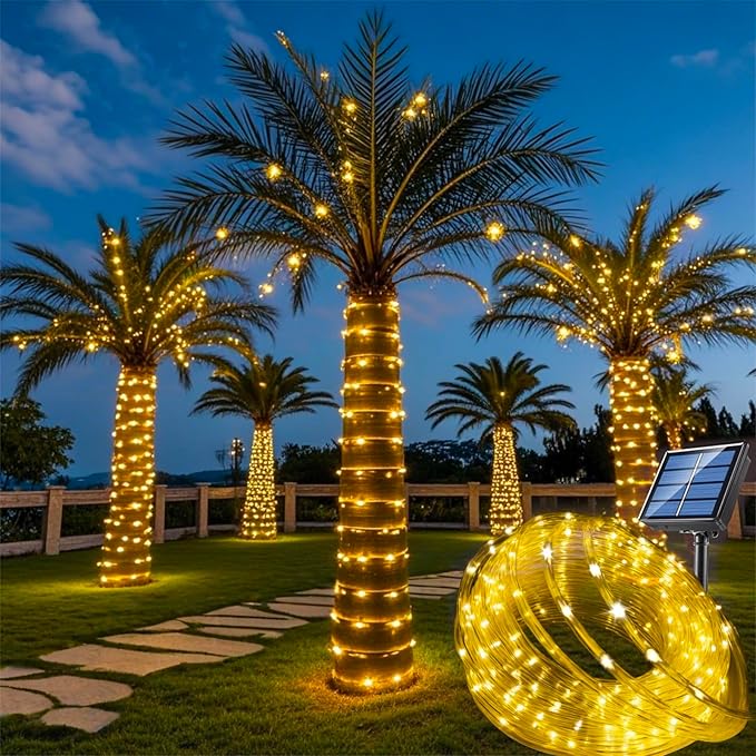 Solar Rope Light 33FT 100L IP65 Weatherproof Outdoor LED Copper Fairy String Tube Lights for Party Garden Porch Yard Home Wedding Vacation Daily Holiday Tree Decoration Lighting (Warm White)