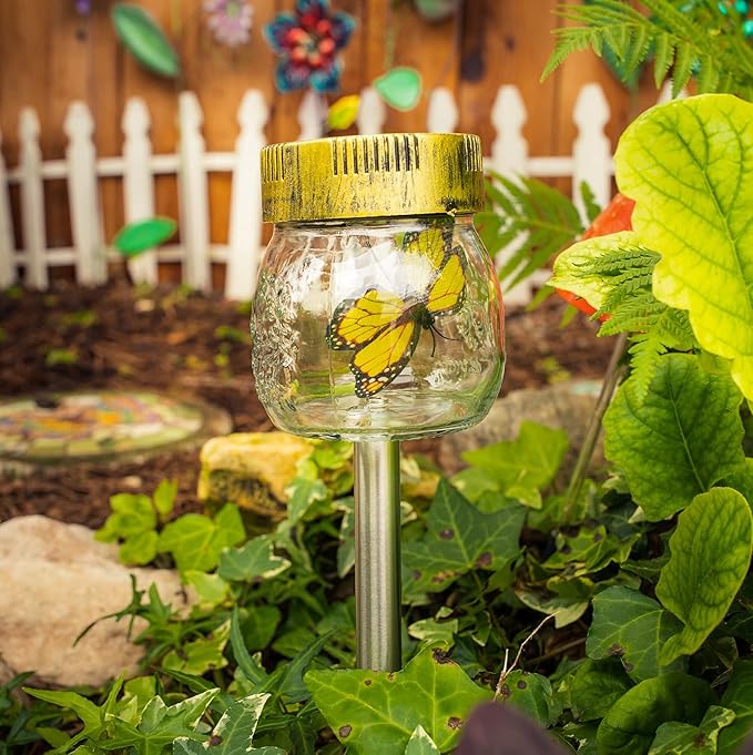 Crosslight Solar Butterfly Jar Stake Light | 3 Pack Waterproof Glass Outdoor Garden Décor | LED Decorative Light Fixture for Yard, Lawn, Backyard, Pathway | Solar Outdoor Lights Decorative