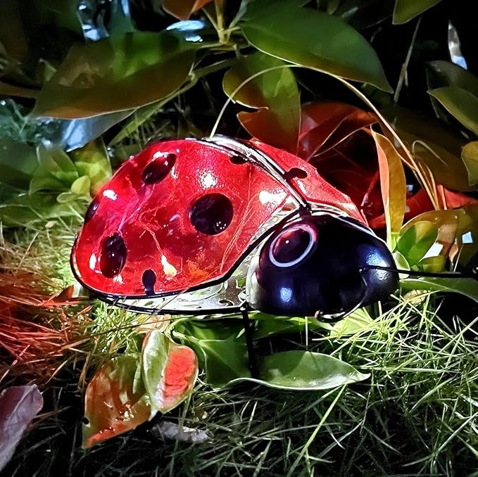 9.8“ Ladybug Solar Night Garden Light - Waterproof LED Outdoor Decorative Lantern, Metal Solar Powered Yard Art, Ladybug Gifts for Patio and Garden, Solar Landscape Path Light Ornament