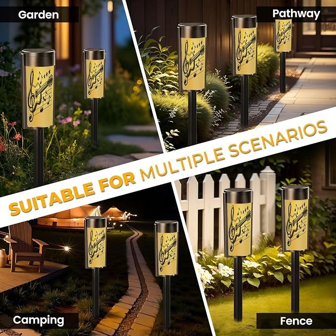 4 Pack Solar Pathway Lights Outdoor Waterproof Guitar Notes Musical Design Solar Garden Lights LED Landscape Lighting for Yard Walkway Lawn Garden Decor