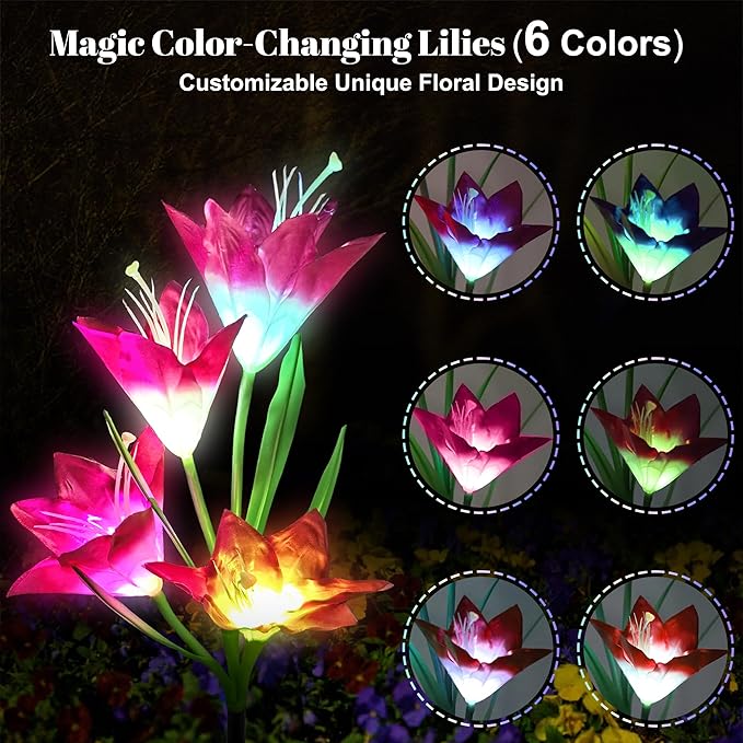 Solar Powered Lily Flower Lights Outdoor, Waterproof Color Changing Garden Lights with Large Solar Panel, 2 Pack for Patio, Yard, Pathway Decoration