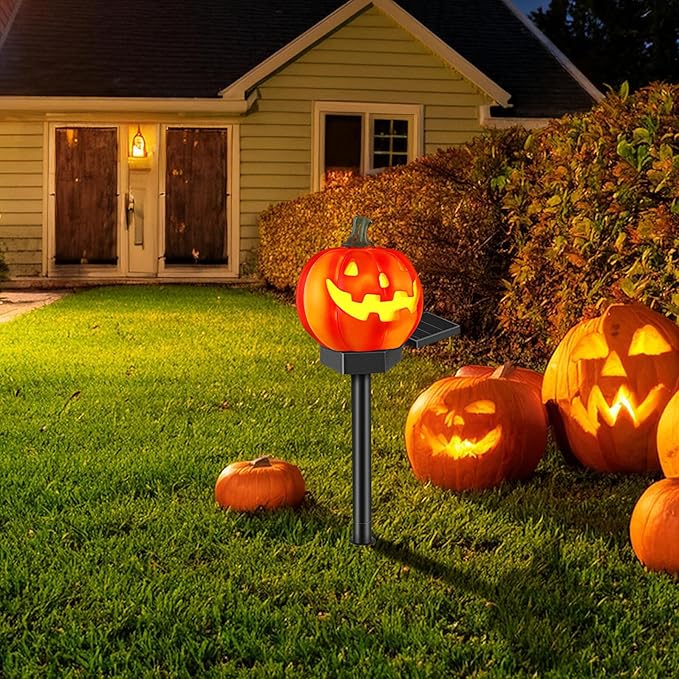 Solar Powered Pumpkin Garden Stake Light Outdoor Solar Pathway Lamp Lawn Decor Halloween Jack Lantern Stake with Resin Craft for Yard Lighting
